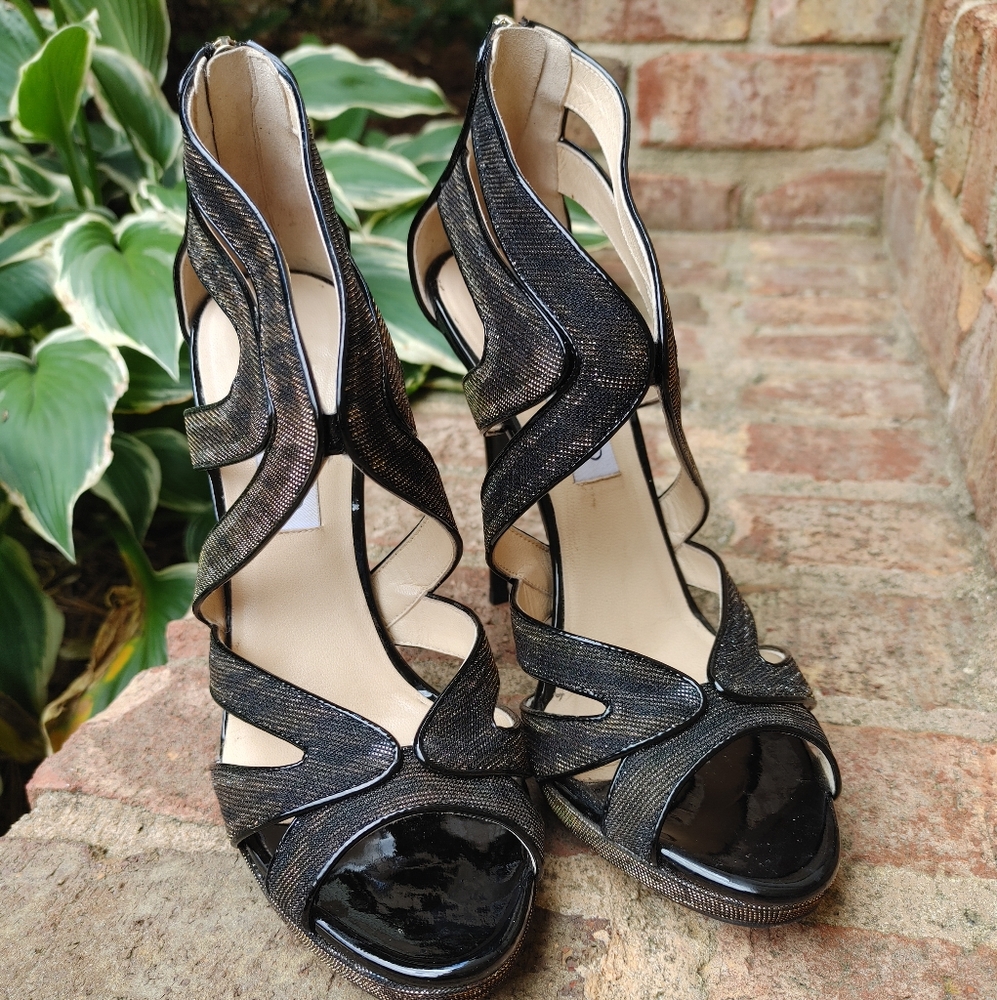 JIMMY CHOO 142 "COLLAR" ZEBRA LAME GLITTER SANDAL, BLACK/AMBER 39 - Picture 4 of 16